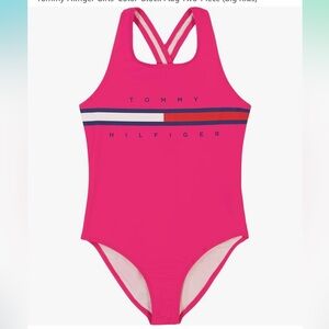 TOMMY HILFIGER Girls Signature Flag Crisscross One Piece Swimsuit -Pink- M(8-10)